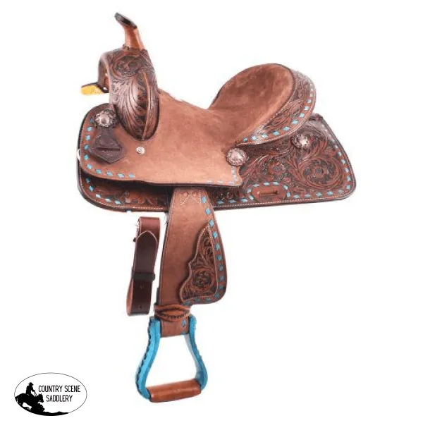 12"Double T  Youth hard seat barrel style saddle with turquoise buckstitch trim ~